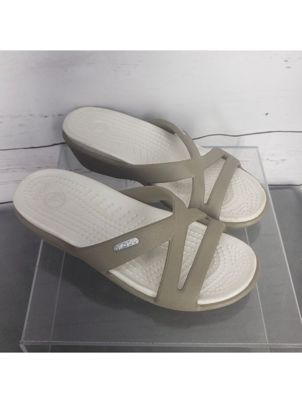 Crocs Tan Wedge Strappy Sandals Size 4 W Slip On Summer Comfort